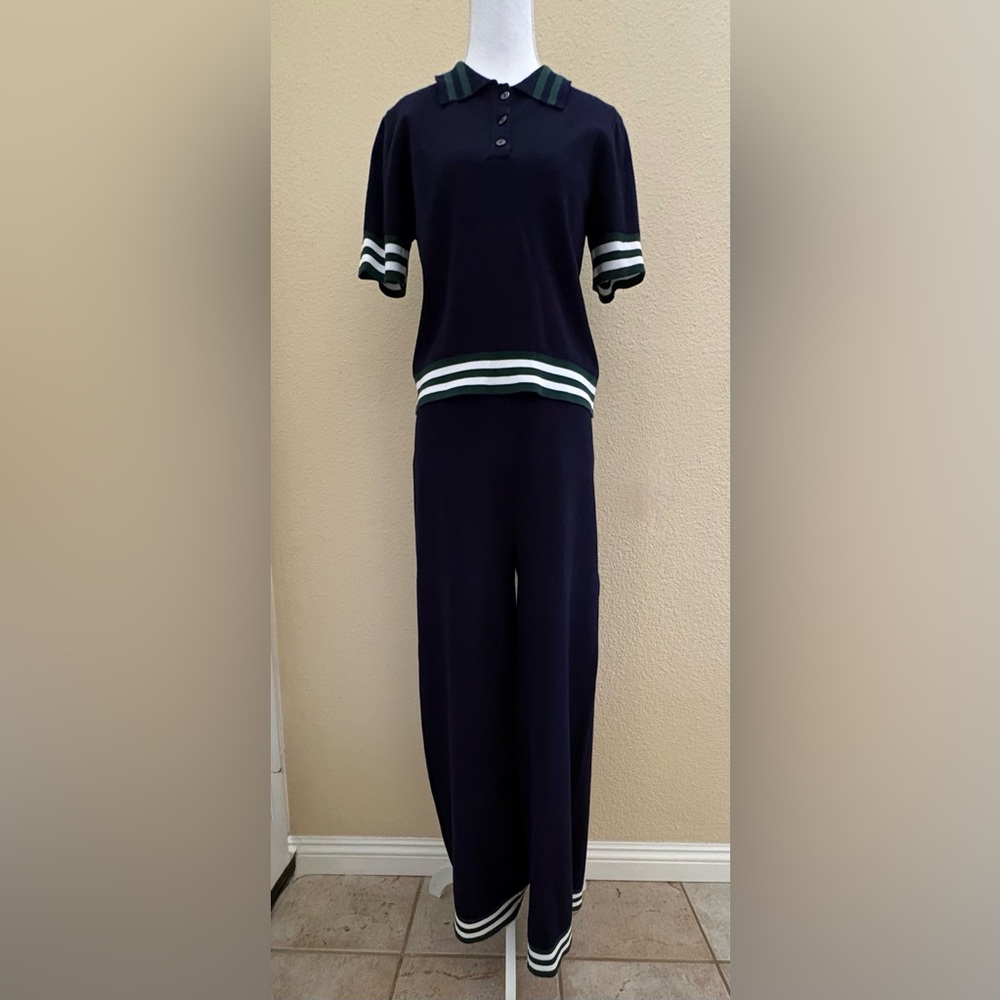 Caroline Constas Women's Knit Polo Shirt & Matching Pants Navy Size Large NWOT